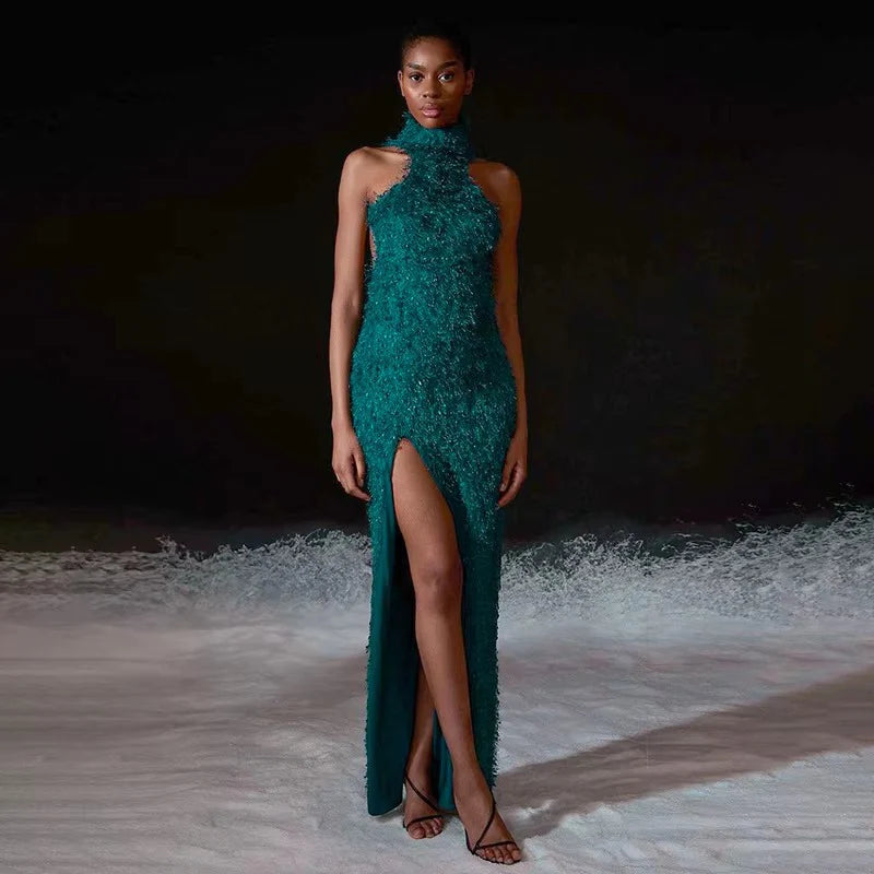 Elegant Off Shoulder High Slit Party Backless Maxi Dress