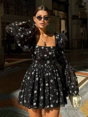 Casual Square Collar Loose High Waist Pleated Print Mini Dress