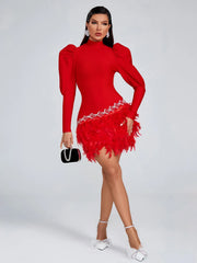 Rhinestones Turtleneck zipper Long Sleeves Feather Cocktail Party Bandage Dress