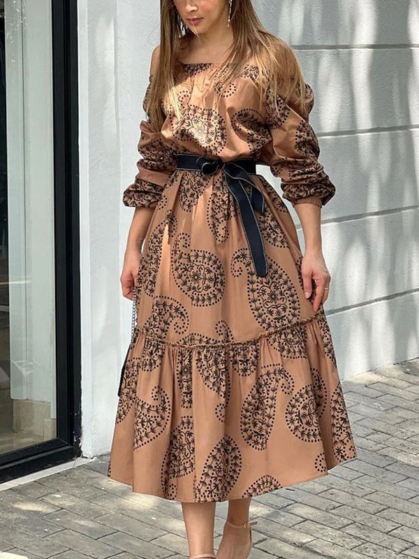 Casual Bateau Neck Long Sleeves Midi Dress