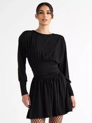 Elegant Jewel Long Sleeve Pleated Skater Mini Dress