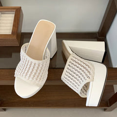 Street Style Open Toe Chunky Platform Slippers Hollow Out Square High Heel