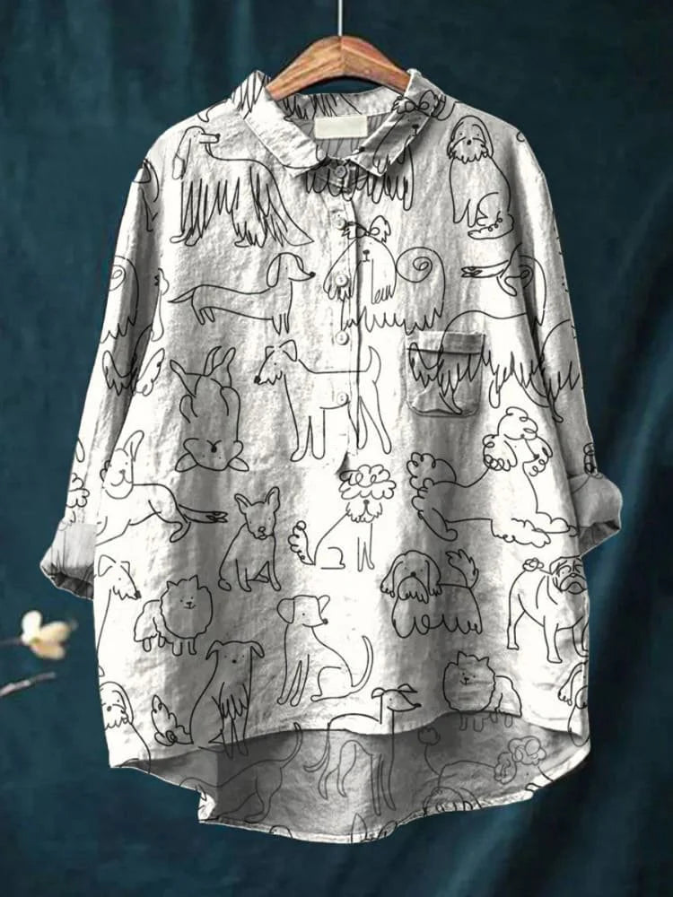 Women's Simple Black and White Line Puppy Print Casual Cotton And Linen Shirt