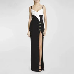 Elegant Sling Dress Color Blocked Suspender Slit Floor Length Dresses