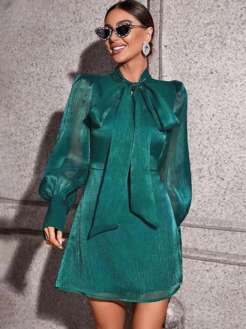Casual Loose Bow Collar Long Sleeve Elegant Classic Mini Dresses