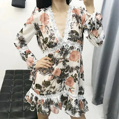 Deep V-Neck  Boho Embroidery Lace Patchwork Mini Dress