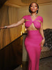 Elegant V-Neck Off Shoulder Ruched Skinny Peach Hip Midnight Party Hollow Maxi Dress
