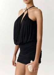 Halter Neck Sleeveless Pleated Folds Hollow Out Mini Slim Dresses