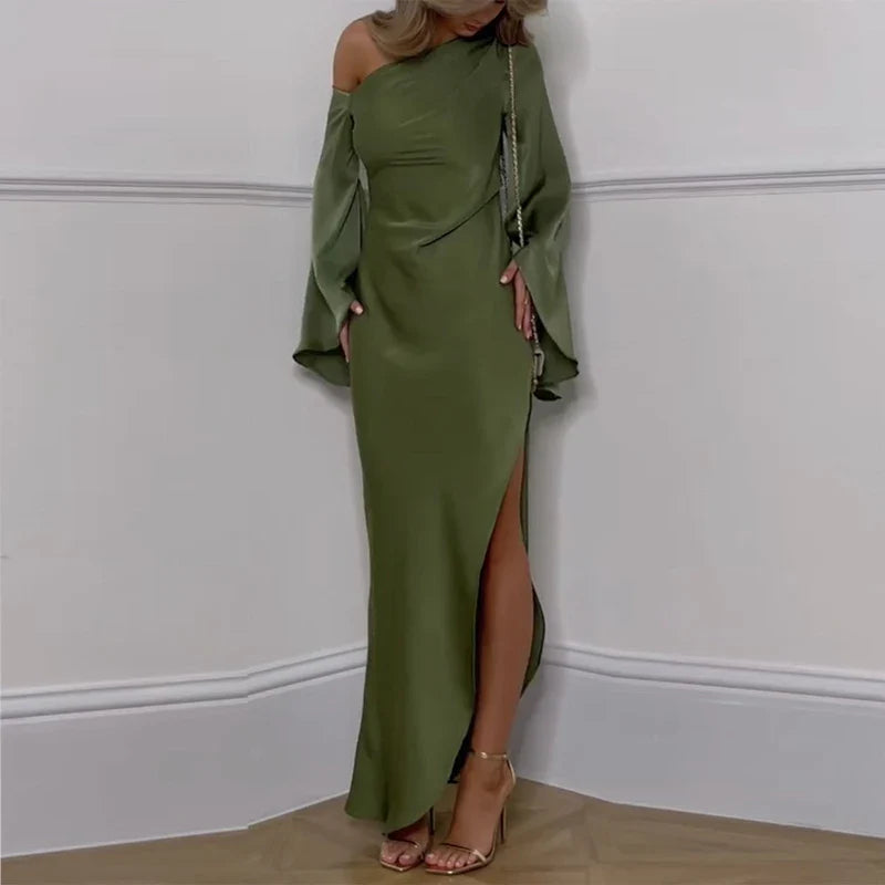 Elegant Skew Collar Backless Flare Sleeve Oblique Shoulder Slit Party Dresses