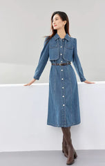 Elegant Leather Belt Single Breasted Long Sleeve Straight Midi Denim Dress