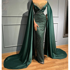 Elegant Emerald O Neck Beaded Evening Dress with Cape Sleeve