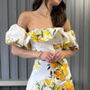 Elegant Printed Off Shoulder Lantern Sleeve Ruffles Slim Nipped Waist Maxi Dress