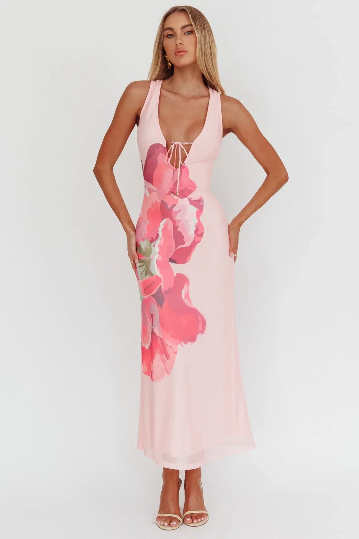 Cinders Tied Plunging Neckline Maxi Dress Flower Pink