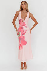 Cinders Tied Plunging Neckline Maxi Dress Flower Pink