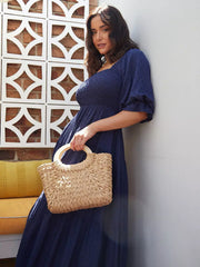 Bohemian Polka Dot Shirred With Half Sleeves Pleated Ruffles Maxi Dress