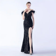 Luxury V-Neck Feathers Ostrich Fur High Density Sequin Sleeveless Maxi Dress