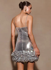 Sliver Sparkle Sequins Sleeveless Spaghetti Strap Shiny Sequin Mini Floral Slim Dresses