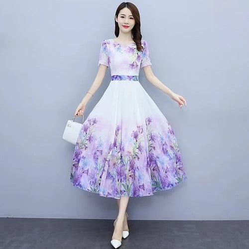 Slim Floral Puff Sleeve O-neck Thin Chiffon Dresses