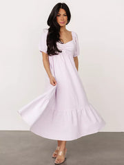Bohemian Pleated Beach Style Puffed Sleeves Striped Oversized Midi Dress