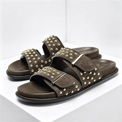 Luxury Metal Rivet Designer Flat Sandals Double Buckle Platform Slippers Outdoor Beach Shoes