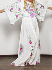 Boho Embroidered V Neck Long Sleeves Beach Dresses