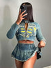 Elegant Fall Ripped Letter Embroidery Zip Jacket And Pleated Skirt 2 Piece Set