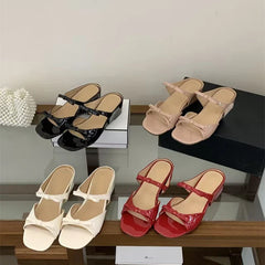Butterfly-knot Square Toe Slippers Low Heel