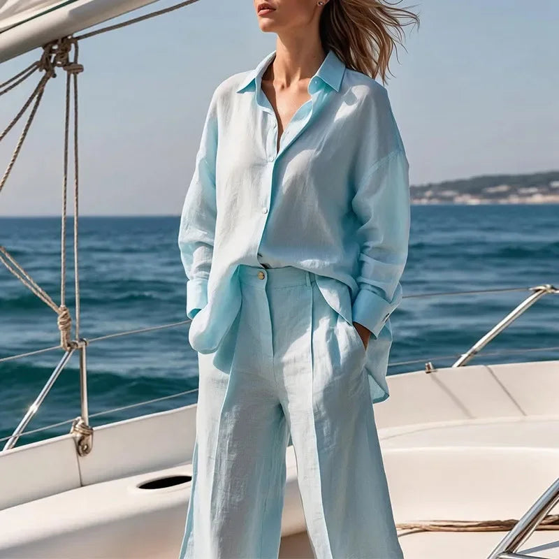 Casual Long Sleeve Turn-Down Collar Button Short Pants Solid Lady Sets