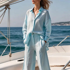 Casual Long Sleeve Turn-Down Collar Button Short Pants Solid Lady Sets