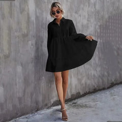Casual Turn Down Collar Solid Color Lantern Sleevecover Up Mini Dress