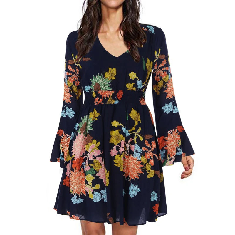 Bohemian Floral Print Long Sleeve Split Flowy Mini Elegant Dress