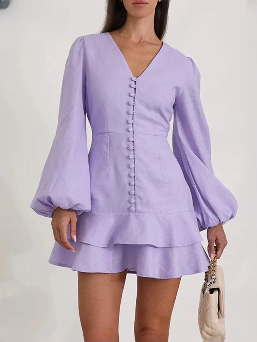 Casual Slim Cotton V-Neck Long Sleeve Classic Pleated Mini Dresses