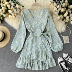 Casual Puff Sleeve V Neck A-line Short Floral Wrap Dresses