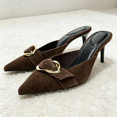 Brown Faux Suede Mule Sandals Luxury Metal Buckle Embellished Stiletto Slide Sandals Retro Party Dress Shoes