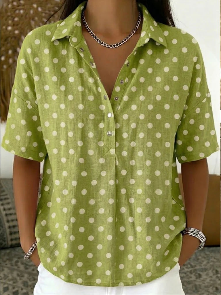 Women's Casual Polka Dots Polo Collar Short-sleeved Linen And Cotton Shirt