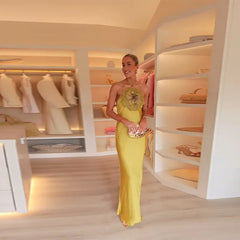 Elegant 3D Flower Halter Sleeveless Backless Mermaid Satin Dresses