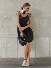 Chic Cotton Spaghetti Strap Solid Color V-neck Short Dress