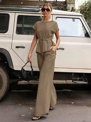 Casual Short Sleeve Shirt With High Waist Wide Pants Two Pieces Set