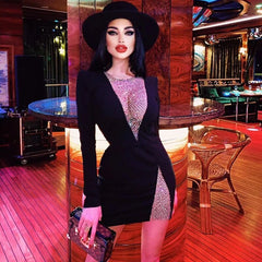 Split Beading V-Neck Nightclub Party Bodycon Mini Dress