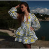 Elegant V-neck A-line High Waist Print Ruffle Long Puff Sleeve Short Mini Dress