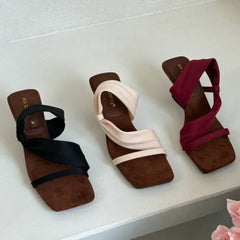 Elegant Square Toe Narrow Band Designer Brand Sandal Shallow Wedges Sandal Concise Comfortable Slide Sandal