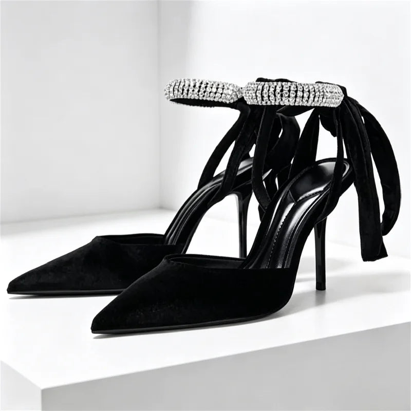 Elegant Velvet Rhinestone Embellished Pumps Pointed Toe Ankle Strap High Heel