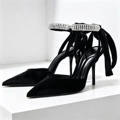 Elegant Velvet Rhinestone Embellished Pumps Pointed Toe Ankle Strap High Heel