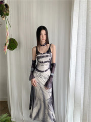 Backless Patchwork Mesh A Line Designer Mermaid Long Slip Dress