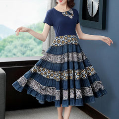 Denim Patchwork Short Sleeve Print Dresses Big Hem