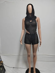 Elegant Knit Beach Backless Halter Irregular Top, Head Scarf And Shorts 3 Piece Sets