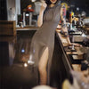 Sleeveless High-Slit Hooded Waist Cinching Backless Evening Bodycon Dress