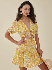 Floral Print Deep V-neck Cut Out Knotted Short Sleeve Dress
