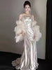 Luxury Chic Satin Spaghetti Strap Square Collar Faux Fur Cape Dresses