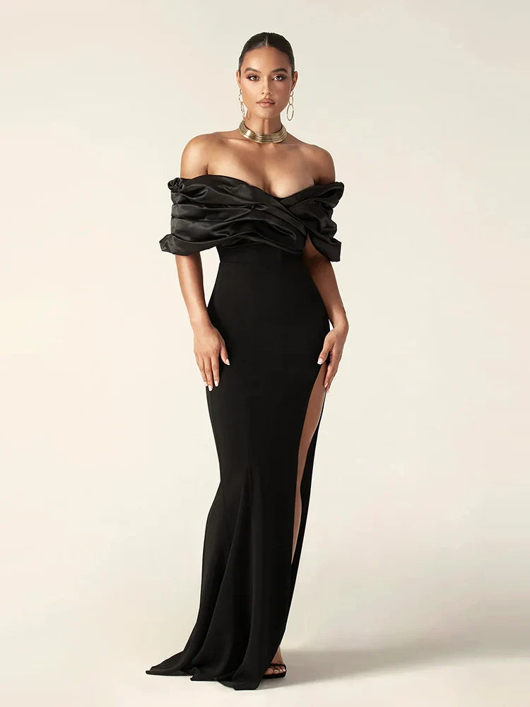 Elegant Satin Ruffle Shoulder High Slit Off the Shoulder Pleat Bodycon Long Maxi Dress